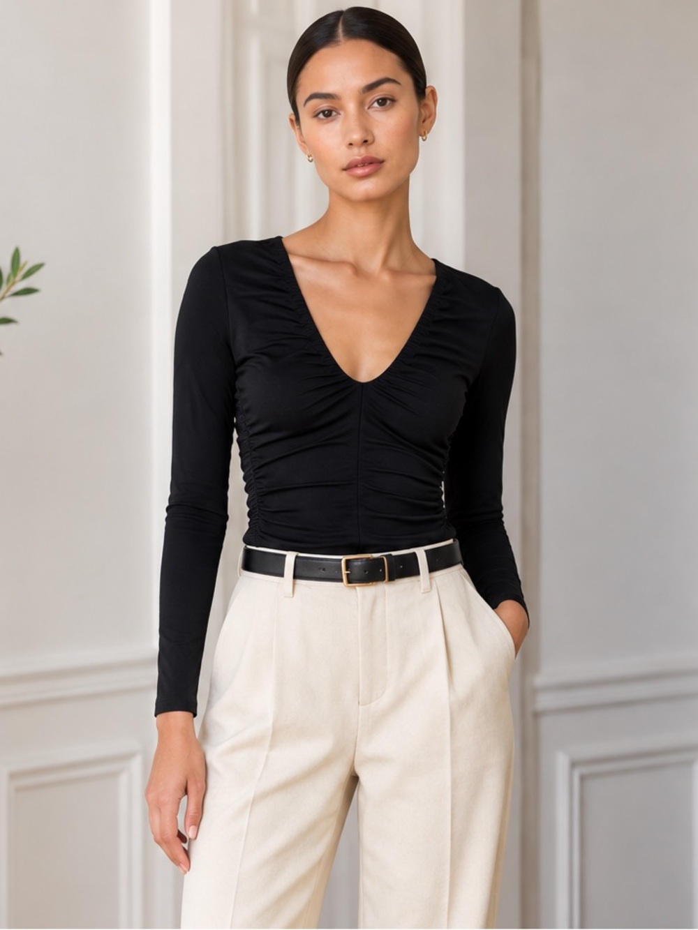 NWT J Crew Black Stretch cotton-blend ruched V-neck top Size M